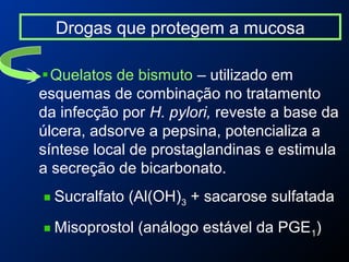 Drogas que protegem a mucosa
Quelatos de bismuto – utilizado em
esquemas de combinação no tratamento
da infecção por H. pylori, reveste a base da
úlcera, adsorve a pepsina, potencializa a
síntese local de prostaglandinas e estimula
a secreção de bicarbonato.
Sucralfato (Al(OH)3 + sacarose sulfatada
Misoprostol (análogo estável da PGE1)
 