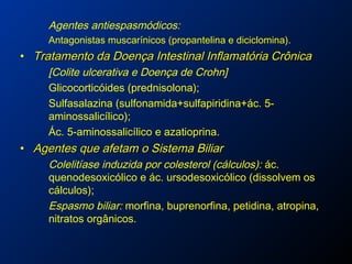 Agentes antiespasmódicos:
Antagonistas muscarínicos (propantelina e diciclomina).
• Tratamento da Doença Intestinal Inflamatória CrônicaTratamento da Doença Intestinal Inflamatória Crônica
[Colite ulcerativa e Doença de Crohn]
Glicocorticóides (prednisolona);
Sulfasalazina (sulfonamida+sulfapiridina+ác. 5-
aminossalicílico);
Ác. 5-aminossalicílico e azatioprina.
• Agentes que afetam o Sistema BiliarAgentes que afetam o Sistema Biliar
Colelitíase induzida por colesterol (cálculos): ác.
quenodesoxicólico e ác. ursodesoxicólico (dissolvem os
cálculos);
Espasmo biliar: morfina, buprenorfina, petidina, atropina,
nitratos orgânicos.
 