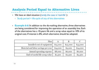 Analysis Period Equal to Alternative Lives
13
We have an ideal situation (rarely the case in ‘real-life’ ):
Study period = life-cycle of any of the alternatives
Example 6-6: In addition to the do-nothing alternative, three alternatives
are being considered for improving the operation of an assembly line. Each
of the alternatives has a 10-years life and a scrap value equal to 10% of its
original cost. If interest is 8%, which alternative should be adopted.
 