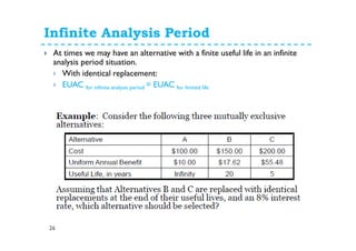 Infinite Analysis Period
26
At times we may have an alternative with a finite useful life in an infinite
analysis period situation.
With identical replacement:
EUAC for infinite analysis period = EUAC for limited life
 