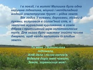 І в поезії, і в житті Малишка була одна
нерушна підвалина, міцний і непідвладний
жодний землетрусам ґрунт – рідна земля.
Він ходив її нивами, дорогами, лісами й
луками, вслухався в солов'їний спів, в
закличне журавлине курликання, в гомін
дібров і притишений шум золотоколосих
полів. Для нього було щастям знайти чисте
джерело, щоб «води напитись із глибин
землі».
Ти мене з дитинства
підіймала,
Хліб дала і пісню солов'я,
Відвела доріг мені чимало,
Земле, зореносице моя!...
 