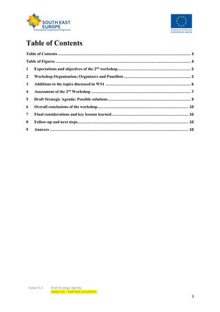 Output 4.3 Draft Strategic Agenda
ANNEX XX - PARTNER (COUNTRY)
3
Table of Contents
Table of Contents........................................................................................................................ 3
Table of Figures .......................................................................................................................... 4
1 Expectations and objectives of the 2nd
workshop.................................................................. 5
2 Workshop Organisation; Organizers and Panellists ............................................................ 5
3 Additions to the topics discussed in WS1 ............................................................................. 6
4 Assessment of the 2nd
Workshop .......................................................................................... 7
5 Draft Strategic Agenda: Possible solutions........................................................................... 9
6 Overall conclusions of the workshop.................................................................................. 10
7 Final considerations and key lessons learned ..................................................................... 10
8 Follow-up and next steps.................................................................................................... 10
9 Annexes ............................................................................................................................. 10
 