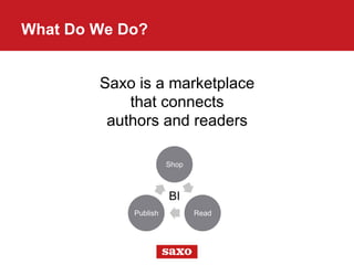 What Do We Do?
Saxo is a marketplace
that connects
authors and readers
Shop
ReadPublish
BI
 