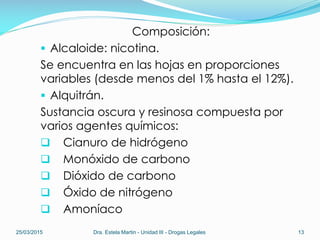 Composición:
 Alcaloide: nicotina.
Se encuentra en las hojas en proporciones
variables (desde menos del 1% hasta el 12%).
 Alquitrán.
Sustancia oscura y resinosa compuesta por
varios agentes químicos:
 Cianuro de hidrógeno
 Monóxido de carbono
 Dióxido de carbono
 Óxido de nitrógeno
 Amoníaco
25/03/2015 Dra. Estela Martin - Unidad III - Drogas Legales 13
 