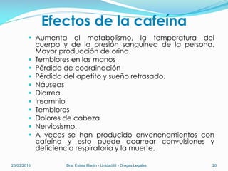Efectos de la cafeína
 Aumenta el metabolismo, la temperatura del
cuerpo y de la presión sanguínea de la persona.
Mayor producción de orina.
 Temblores en las manos
 Pérdida de coordinación
 Pérdida del apetito y sueño retrasado.
 Náuseas
 Diarrea
 Insomnio
 Temblores
 Dolores de cabeza
 Nerviosismo.
 A veces se han producido envenenamientos con
cafeína y esto puede acarrear convulsiones y
deficiencia respiratoria y la muerte.
25/03/2015 Dra. Estela Martin - Unidad III - Drogas Legales 20
 