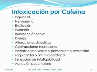 Intoxicación por Cafeína
 Inquietud
 Nerviosismo
 Excitación
 Insomnio
 Rubefacción facial
 Diuresis
 Alteraciones digestivas
 Contracciones musculares
 incontinencia verbal y pensamiento acelerado
 Taquicardia o arritmia cardiaca
 Sensación de infatigabilidad
 Agitación psicomotora
25/03/2015 Dra. Estela Martin - Unidad III - Drogas Legales 21
 