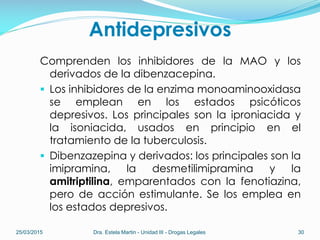 Antidepresivos
Comprenden los inhibidores de la MAO y los
derivados de la dibenzacepina.
 Los inhibidores de la enzima monoaminooxidasa
se emplean en los estados psicóticos
depresivos. Los principales son la iproniacida y
la isoniacida, usados en principio en el
tratamiento de la tuberculosis.
 Dibenzazepina y derivados: los principales son la
imipramina, la desmetilimipramina y la
amitriptilina, emparentados con la fenotiazina,
pero de acción estimulante. Se los emplea en
los estados depresivos.
25/03/2015 Dra. Estela Martin - Unidad III - Drogas Legales 30
 