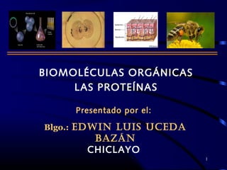 BIOMOLÉCULAS ORGÁNICAS
LAS PROTEÍNAS
Presentado por el:
Blgo.: EDWIN LUIS UCEDA
BAZÁN
CHICLAYO
1
 