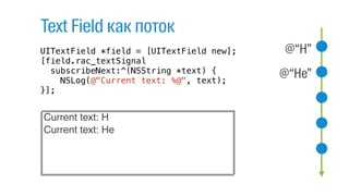 @“H”
@“He”
Current text: H
Current text: He
UITextField *field = [UITextField new];
[field.rac_textSignal
subscribeNext:^(NSString *text) {
NSLog(@"Current text: %@", text);
}];
Text Field как поток
 