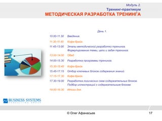 День 1.
10.00-11.30 Введение.
11.30-11.45 Кофе-брейк.
11.45-13.00 Этапы методической разработки тренинга.
Формулирование темы, цели и задач тренинга.
13.00-14.00 Обед
14.00-15.30 Разработка программы тренинга.
15.30-15.45 Кофе-брейк.
15.45-17.15 Отбор ключевых блоков содержания знаний.
17.15-17.30 Кофе-брейк.
17.30-19.00 Разработка логических схем содержательных блоков.
Подбор иллюстраций к содержательным блокам.
19.00-19.30 Итоги дня.
Модуль 2.
Тренинг-практикум
МЕТОДИЧЕСКАЯ РАЗРАБОТКА ТРЕНИНГА
© Олег Афанасьев 17
 