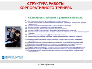 1.  Спланировать обучение и развитие персонала.
1.1. Изучить миссию, ценности, организационную структуру компании.
1.2. Изучить маркетинговую стратегию компании (потребитель, потребности, продукт, цена, продажа,
продвижение).
1.3. Изучить стандарты мерчендайзинга по каналам сбыта и их категориям.
1.4. Изучить структуру ключевого бизнес процесса компании.
1.5. Изучить структуры обеспечивающих бизнес процессов компании.
1.6. Изучить структуру ответственности персонала в выполнении бизнес процессов.
1.7. Изучить систему постановки целей, контроля выполнения, учёта и анализа результатов руководством
компании.
1.8. Уточнить ключевые показатели эффективности по должностям.
1.9. Разработать структуру норм поведения, знаний, умений и навыков для каждой должности.
1.10. Разработать методику оценки профессионального соответствия сотрудников занимаемым
должностям.
1.11. Разработать методику оценки мотивационной готовности сотрудников к выполнению целей.
1.12. Провести анализ профессиональной готовности команды к выполнению целей компании.
1.13. Разработать стратегию профессионального развития и подготовки персонала.
1.14. Разработать рекомендации для улучшения психологического микроклимата в подразделениях.
1.15. Разработать программу профессионального совершенствования сотрудников на текущий год.
1.16. Согласовать план обучения с руководством компании и непосредственным руководителем
подразделения.
СТРУКТУРА РАБОТЫ
КОРПОРАТИВНОГО ТРЕНЕРА
© Олег Афанасьев 7
 