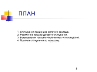 2
ПЛАН
1. Спілкування працівників аптечних закладів.
2. Розуміння в процесі ділового спілкування.
3. Встановлення психолог...