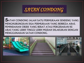 SATAH CONDONG IALAH SATU PERMUKAAN SENDENG YANG
MENGHUBUNGKAN DUA PERMUKAAN YANG BERBEZA ARAS.
PEMINDAHAN OBJEK YANG BERAT ATAU PERGERAKAN KE
ARAS YANG LEBIH TINGGI LEBIH MUDAH DILAKUKAN DENGAN
MENGGUNAKAN SATAH CONDONG.
 