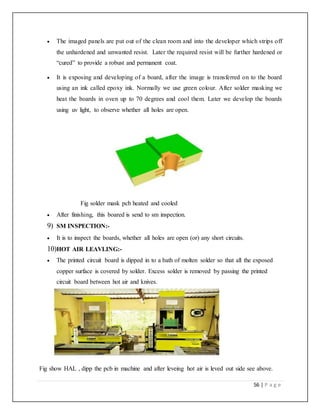 56 | P a g e
 The imaged panels are put out of the clean room and into the developer which strips off
the unhardened and unwanted resist. Later the required resist will be further hardened or
“cured” to provide a robust and permanent coat.
 It is exposing and developing of a board, after the image is transferred on to the board
using an ink called epoxy ink. Normally we use green colour. After solder masking we
heat the boards in oven up to 70 degrees and cool them. Later we develop the boards
using uv light, to observe whether all holes are open.
Fig solder mask pcb heated and cooled
 After finishing, this boared is send to sm inspection.
9) SM INSPECTION:-
 It is to inspect the boards, whether all holes are open (or) any short circuits.
10)HOT AIR LEAVLING:-
 The printed circuit board is dipped in to a bath of molten solder so that all the exposed
copper surface is covered by solder. Excess solder is removed by passing the printed
circuit board between hot air and knives.
Fig show HAL , dipp the pcb in machine and after leveing hot air is leved out side see above.
 