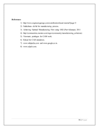 73 | P a g e
References
1) http://www.engineersgarage.com/contribution/kicad-tutorial?page=5
2) Sulakshana ckt ltd for manufacturing process.
3) Achieving Optimal Manufacturing Flow using OEE (Part 4)January 2011
4) http://communities.mentor.com/mgcx/community/manufacturing_solutions)
5) Viewmate pentlogon for CAM work.
6) KIicad for CAD simulation.
7) www.wikipedia.com and www.google.co.in.
8) www.sclpcb.com.
 