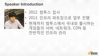Speaker Introduction
• 2012. 컴투스 입사
• 2013. 인프라 파트장으로 업무 진행
• 현재까지 컴투스에서 국내외 출시하는
게임들의 서버, 네트워크, CDN 등
전반적인 인프라 관리
 