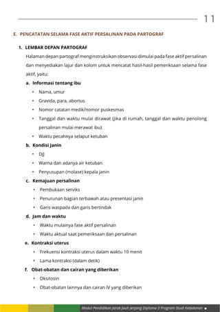 Modul Pendidikan Jarak Jauh Jenjang Diploma 3 Program Studi Kebidanan
11
E.	 Pencatatan selama fase aktif persalinan pada partograf
1.	 Lembar depan partograf
Halaman depan partograf menginstruksikan observasi dimulai pada fase aktif persalinan
dan menyediakan lajur dan kolom untuk mencatat hasil-hasil pemeriksaan selama fase
aktif, yaitu:
a.	 Informasi tentang ibu
•	 Nama, umur
•	 Gravida, para, abortus
•	 Nomor catatan medik/nomor puskesmas
•	 Tanggal dan waktu mulai dirawat (jika di rumah, tanggal dan waktu penolong
persalinan mulai merawat ibu)
•	 Waktu pecahnya selaput ketuban
b.	 Kondisi Janin
•	 DJJ
•	 Warna dan adanya air ketuban
•	 Penyusupan (molase) kepala janin
c.	 Kemajuan persalinan
•	 Pembukaan serviks
•	 Penurunan bagian terbawah atau presentasi janin
•	 Garis waspada dan garis bertindak
d.	 Jam dan waktu
•	 Waktu mulainya fase aktif persalinan
•	 Waktu aktual saat pemeriksaan dan persalinan
e.	 Kontraksi uterus
•	 Frekuensi kontraksi uterus dalam waktu 10 menit
•	 Lama kontraksi (dalam detik)
f.	 Obat-obatan dan cairan yang diberikan
•	 Oksitosin
•	 Obat-obatan lainnya dan cairan IV yang diberikan
 