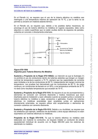MANUAL DE SUSTENTACIÓN
CÓDIGO NACIONAL DE ELECTRICIDAD UTILIZACIÓN 2006
SECCIÓN 070: MÉTODOS DE ALAMBRADO
MINISTERIO DE ENERGÍA Y MINAS Sección 070: Página 48
www.minem.gob.pe
En el Párrafo (c), se requiere que el uso de la tubería eléctrica no metálica sea
restringido a una temperatura máxima de operación de 75 ºC, y por lo tanto no se
permite su encierro en material aislante térmico.
En el Párrafo (d), se requiere que, debido a los posibles daños mecánicos, se
prevenga el uso de tubería eléctrica no metálica en lugares expuestos, tales como
adjuntos a o sobre superficies que no están ocultas dentro de espacios de paredes,
cubiertos en concreto o directamente enterrada.
Figura 070-1504
Soportes para Tubería Eléctrica No Metálica
Sustento y Propósito de la Regla 070-1508(2). La intención es que la Subregla (1)
no prohíba el uso de conductores dentro de tuberías aislantes que tengan un margen
nominal de temperatura superior a 75 ºC, siempre que las capacidades de corriente
sean limitadas a la de los conductores de 90 ºC, independiente del margen nominal de
temperatura. Las pruebas han demostrado que los conductores de 90 ºC, de carga
continua y en condiciones de llenado en un 50% y una temperatura ambiente de 30 ºC
no dará como resultado temperaturas que excedan de 75 ºC .
Sustento y Propósito de la Regla 070-1510. Se requiere el uso de acomplamientos y
elementos de conexión con cemento disolvente o medios mecánicos que sean
diseñados para la instalación y sean utilizados cuando se acoplen juntos o conecten la
tubería eléctrica no metálica a cajas, accesorios o gabinetes. Cuando las tuberías
eléctricas no metálicas acanaladas sean acopladas juntas en aplicaciones
directamente enterradas, se requiere utilizar sólo acoplamientos o elementos de
conexión cubiertos con cemento disolvente.
Sustento y Propósito de la Regla 070-1512. Debido a su ductilidad, se requiere que
los artefactos (por ejemplo, artefactos de alumbrado u otros equipo eléctricos) no sean
soportados con tuberías eléctricas no metálicas.
Propósito de la Regla 070-1516. Ya que la tubería eléctrica no metálica está
elaborada con material no conductivo, se requiere instalar un conductor de enlace
equipotencial individual de acuerdo con la Regla 060-404 para los sistemas de
alambrado no metálico.
Abrazadera
Accesorio de Tubería
Eléctrica No Metálica
Caja de empalme
 