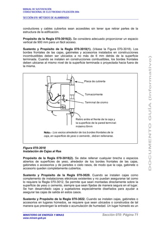 MANUAL DE SUSTENTACIÓN
CÓDIGO NACIONAL DE ELECTRICIDAD UTILIZACIÓN 2006
SECCIÓN 070: MÉTODOS DE ALAMBRADO
MINISTERIO DE ENERGÍA Y MINAS Sección 070: Página 71
www.minem.gob.pe
conductores y cables cubiertos sean accesibles sin tener que retirar partes de la
estructura de la edificación.
Propósito de la Regla 070-3016(2). Se considera adecuado proporcionar un espacio
vertical de 900 mm para un fácil acceso.
Sustento y Propósito de la Regla 070-3018(1). (Véase la Figura 070-3018). Los
bordes frontales de las cajas, gabinetes y accesorios instalados en construcciones
incombustibles deben ser ubicados a no más de 6 mm detrás de la superficie
terminada. Cuando se instalen en construcciones combustibles, los bordes frontales
deben ubicarse al mismo nivel de la superficie terminada o proyectada hacia fuera de
la misma.
Figura 070-3018
Instalación de Cajas al Ras
Propósito de la Regla 070-3018(2). Se debe rellenar cualquier brecha o espacios
abiertos de superficies de yeso, alrededor de los bordes frontales de las cajas,
gabinetes o accesorios y de paredes o cielo rasos, de modo que la caja, gabinete o
accesorio queden completamente cubiertos.
Sustento y Propósito de la Regla 070-3020. Cuando se instalen cajas como
complemento de instalaciones eléctricas existentes y no puedan asegurarse tal como
lo requiere la Regla 070-3012, Se permite que sean montadas directamente sobre la
superficie de yeso o cemento, siempre que sean fijadas de manera segura en el lugar.
Se han desarrollado cajas y sujetadores especialmente diseñados para ayudar a
asegurar las cajas de salida en estos casos.
Sustento y Propósito de la Regla 070-3022. Cuando se instalen cajas, gabinetes o
accesorios en lugares húmedos, se requiere que sean ubicados o construidos de tal
manera que prevengan la entrada o acumulación de humedad. Un lugar húmedo es un
Placa de cubierta
Tomacorriente
Terminal de cromo
Retiro entre el frente de la caja y
la superficie de la pared terminal:
máximo 6mm
Nota.- Los vacios alrededor de los bordes frontales de la
caja, en superficie de yeso o cemento , deben rellenarse.
 