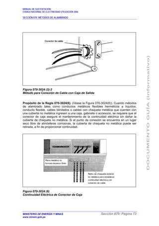 MANUAL DE SUSTENTACIÓN
CÓDIGO NACIONAL DE ELECTRICIDAD UTILIZACIÓN 2006
SECCIÓN 070: MÉTODOS DE ALAMBRADO
MINISTERIO DE ENERGÍA Y MINAS Sección 070: Página 73
www.minem.gob.pe
Figura 070-3024 (3)-2
Método para Conexión de Cable con Caja de Salida
Propósito de la Regla 070-3024(6). (Véase la Figura 070-3024(6)). Cuando métodos
de alambrado tales como conductos metálicos flexibles herméticos a líquidos,
conducto flexible, cables blindados o cables con chaqueta metálica que cuenten con
una cubierta no metálica ingresen a una caja, gabinete o accesorio, se requiere que el
conector de caja asegure el mantenimiento de la continuidad eléctrica sin dañar la
cubierta de chaqueta no metálica. Si el punto de conexión se encuentra en un lugar
seco libre de atmósferas corrosivas, la cubierta de chaqueta no metálica puede ser
retirada, a fin de proporcionar continuidad.
Figura 070-3024 (6)
Continuidad Eléctrica de Conector de Caja
Placa metálica no
ferrosa espesor 6mm
Retiro de chaqueta exterior
no metálica para establecer
continuidad eléctrica con
conector de cable.
 