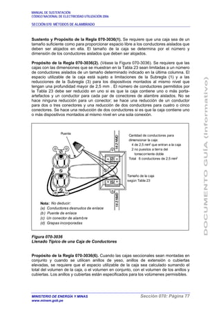 MANUAL DE SUSTENTACIÓN
CÓDIGO NACIONAL DE ELECTRICIDAD UTILIZACIÓN 2006
SECCIÓN 070: MÉTODOS DE ALAMBRADO
MINISTERIO DE ENERGÍA Y MINAS Sección 070: Página 77
www.minem.gob.pe
Sustento y Propósito de la Regla 070-3036(1). Se requiere que una caja sea de un
tamaño suficiente como para proporcionar espacio libre a los conductores aislados que
deben ser alojados en ella. El tamaño de la caja se determina por el número y
dimensión de los conductores aislados que deben ser alojados.
Propósito de la Regla 070-3036(2). (Véase la Figura 070-3036). Se requiere que las
cajas con las dimensiones que se muestran en la Tabla 23 sean limitadas a un número
de conductores aislados de un tamaño determinado indicado en la última columna. El
espacio utilizable de la caja está sujeto a limitaciones de la Subregla (1) y a las
reducciones de la Subregla (3) para los dispositivos montados al mismo nivel que
tengan una profundidad mayor de 2,5 mm . El número de conductores permitidos por
la Tabla 23 debe ser reducido en uno si es que la caja contiene uno o más porta-
artefactos y un conductor para cada par de conectores de alambre aislados. No se
hace ninguna reducción para un conector; se hace una reducción de un conductor
para dos o tres conectores y una reducción de dos conductores para cuatro o cinco
conectores. Se hace una reducción de dos conductores si es que la caja contiene uno
o más dispositivos montados al mismo nivel en una sola conexión.
Figura 070-3036
Llenado Típico de una Caja de Conductores
Propósito de la Regla 070-3036(6). Cuando las cajas seccionales sean montadas en
conjunto y cuando se utilicen anillos de yeso, anillos de extensión o cubiertas
elevadas, se requiere que el espacio utilizable de la caja sea calculado sumando el
total del volumen de la caja, o el volumen en conjunto, con el volumen de los anillos y
cubiertas. Los anillos y cubiertas están especificados para los volúmenes permisibles.
Cantidad de conductores para
dimensionar la caja:
4 de 2,5 mm2
que entran a la caja
2 no puestos a tierra del
tomacorriente doble
Total 6 conductores de 2,5 mm2
Tamaño de la caja
según Tabla 23
Nota: No deducir:
(a) Conductores desnudos de enlace
(b) Puente de enlace
(c) Un conector de alambre
(d) Grapas incorporadas
Puente
 