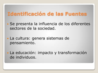 Identificación de las Fuentes
 Se presenta la influencia de los diferentes
sectores de la sociedad.
 La cultura: genera sistemas de
pensamiento.
 La educación: impacto y transformación
de individuos.
 