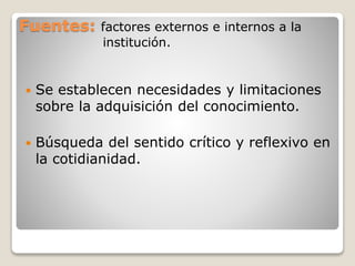  Se establecen necesidades y limitaciones
sobre la adquisición del conocimiento.
 Búsqueda del sentido crítico y reflexivo en
la cotidianidad.
Fuentes: factores externos e internos a la
institución.
 