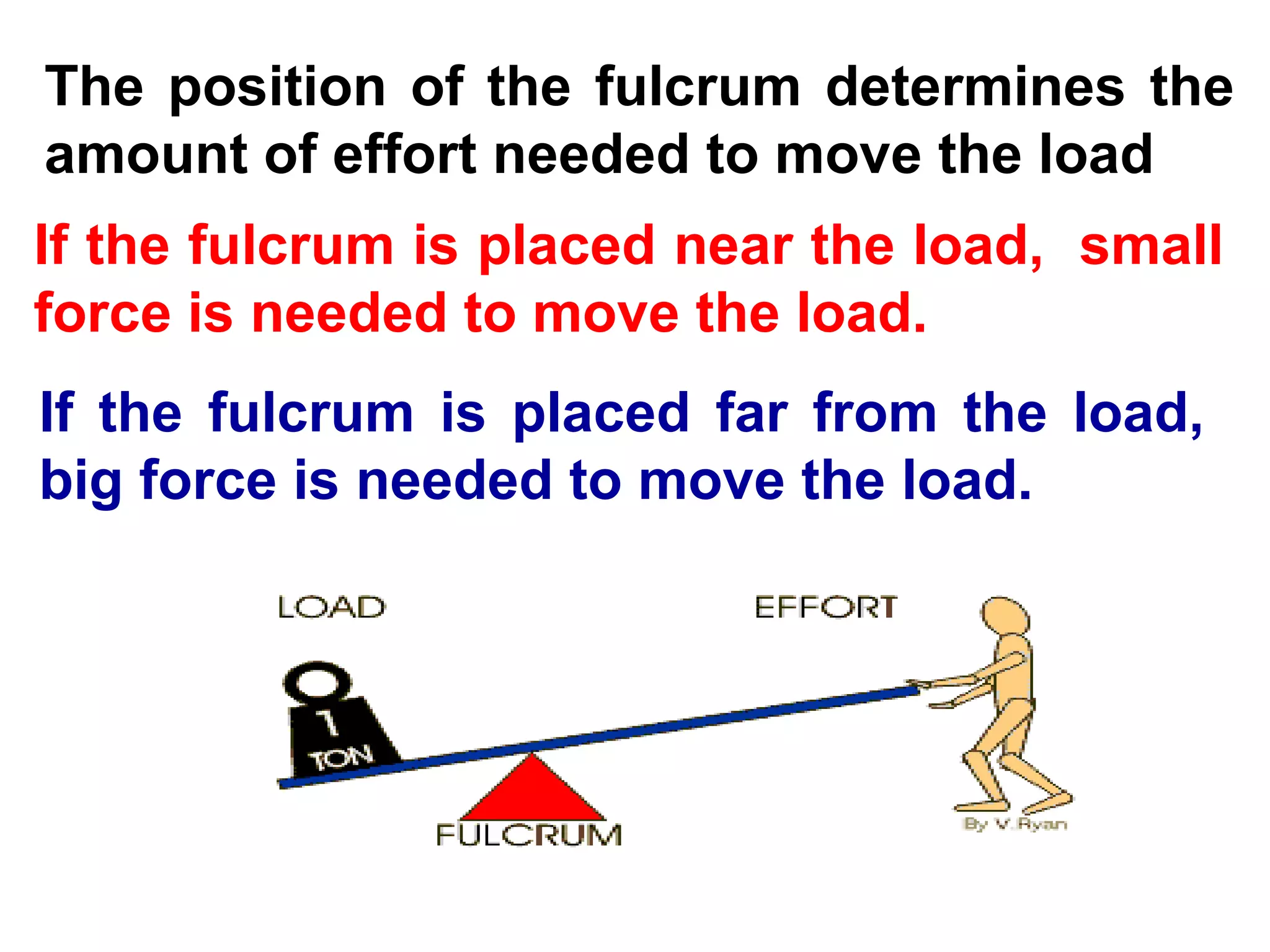 The position of the fulcrum determines the
amount of effort needed to move the load
If the fulcrum is placed near the load, small
force is needed to move the load.
If the fulcrum is placed far from the load,
big force is needed to move the load.
 