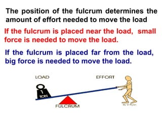 The position of the fulcrum determines the
amount of effort needed to move the load
If the fulcrum is placed near the load, small
force is needed to move the load.
If the fulcrum is placed far from the load,
big force is needed to move the load.
 