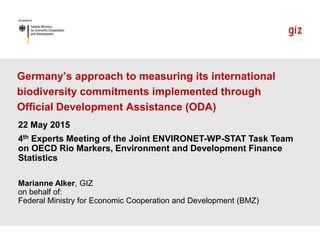 Germany’s approach to measuring its international
biodiversity commitments implemented through
Official Development Assistance (ODA)
Marianne Alker, GIZ
on behalf of:
Federal Ministry for Economic Cooperation and Development (BMZ)
22 May 2015
4th Experts Meeting of the Joint ENVIRONET-WP-STAT Task Team
on OECD Rio Markers, Environment and Development Finance
Statistics
 
