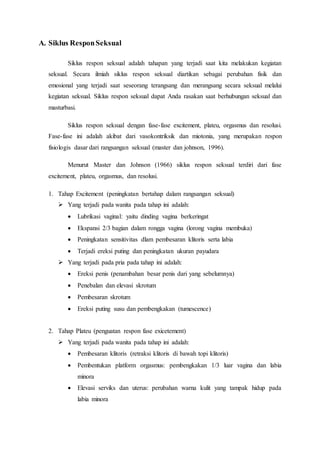 A. Siklus ResponSeksual
Siklus respon seksual adalah tahapan yang terjadi saat kita melakukan kegiatan
seksual. Secara ilmiah siklus respon seksual diartikan sebagai perubahan fisik dan
emosional yang terjadi saat seseorang terangsang dan merangsang secara seksual melalui
kegiatan seksual. Siklus respon seksual dapat Anda rasakan saat berhubungan seksual dan
masturbasi.
Siklus respon seksual dengan fase-fase excitement, plateu, orgasmus dan resolusi.
Fase-fase ini adalah akibat dari vasokontriksik dan miotonia, yang merupakan respon
fisiologis dasar dari rangsangan seksual (master dan johnson, 1996).
Menurut Master dan Johnson (1966) siklus respon seksual terdiri dari fase
excitement, plateu, orgasmus, dan resolusi.
1. Tahap Excitement (peningkatan bertahap dalam rangsangan seksual)
 Yang terjadi pada wanita pada tahap ini adalah:
 Lubrikasi vaginal: yaitu dinding vagina berkeringat
 Ekspansi 2/3 bagian dalam rongga vagina (lorong vagina membuka)
 Peningkatan sensitivitas dlam pembesaran klitoris serta labia
 Terjadi ereksi puting dan peningkatan ukuran payudara
 Yang terjadi pada pria pada tahap ini adalah:
 Ereksi penis (penambahan besar penis dari yang sebelumnya)
 Penebalan dan elevasi skrotum
 Pembesaran skrotum
 Ereksi puting susu dan pembengkakan (tumescence)
2. Tahap Plateu (penguatan respon fase exicetement)
 Yang terjadi pada wanita pada tahap ini adalah:
 Pembesaran klitoris (retraksi klitoris di bawah topi klitoris)
 Pembentukan platform orgasmus: pembengkakan 1/3 luar vagina dan labia
minora
 Elevasi serviks dan uterus: perubahan warna kulit yang tampak hidup pada
labia minora
 