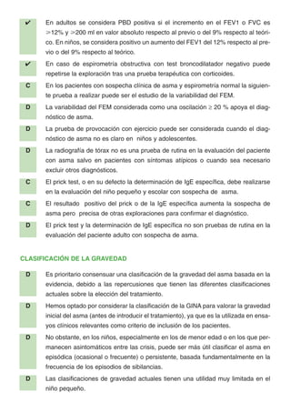 ✔ En adultos se considera PBD positiva si el incremento en el FEV1 o FVC es
у12% y у200 ml en valor absoluto respecto al previo o del 9% respecto al teóri-
co. En niños, se considera positivo un aumento del FEV1 del 12% respecto al pre-
vio o del 9% respecto al teórico.
✔ En caso de espirometría obstructiva con test broncodilatador negativo puede
repetirse la exploración tras una prueba terapéutica con corticoides.
C En los pacientes con sospecha clínica de asma y espirometría normal la siguien-
te prueba a realizar puede ser el estudio de la variabilidad del FEM.
D La variabilidad del FEM considerada como una oscilación ≥ 20 % apoya el diag-
nóstico de asma.
D La prueba de provocación con ejercicio puede ser considerada cuando el diag-
nóstico de asma no es claro en niños y adolescentes.
D La radiografía de tórax no es una prueba de rutina en la evaluación del paciente
con asma salvo en pacientes con síntomas atípicos o cuando sea necesario
excluir otros diagnósticos.
C El prick test, o en su defecto la determinación de IgE específica, debe realizarse
en la evaluación del niño pequeño y escolar con sospecha de asma.
C El resultado positivo del prick o de la IgE específica aumenta la sospecha de
asma pero precisa de otras exploraciones para confirmar el diagnóstico.
D El prick test y la determinación de IgE específica no son pruebas de rutina en la
evaluación del paciente adulto con sospecha de asma.
CLASIFICACIÓN DE LA GRAVEDAD
D Es prioritario consensuar una clasificación de la gravedad del asma basada en la
evidencia, debido a las repercusiones que tienen las diferentes clasificaciones
actuales sobre la elección del tratamiento.
D Hemos optado por considerar la clasificación de la GINA para valorar la gravedad
inicial del asma (antes de introducir el tratamiento), ya que es la utilizada en ensa-
yos clínicos relevantes como criterio de inclusión de los pacientes.
D No obstante, en los niños, especialmente en los de menor edad o en los que per-
manecen asintomáticos entre las crisis, puede ser más útil clasificar el asma en
episódica (ocasional o frecuente) o persistente, basada fundamentalmente en la
frecuencia de los episodios de sibilancias.
D Las clasificaciones de gravedad actuales tienen una utilidad muy limitada en el
niño pequeño.
 