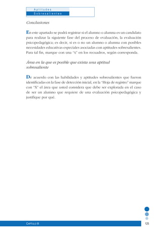 125
A p t i t u d e s
S o b r e s a l i e n t e s
Capítulo III
Conclusiones
En este apartado se podrá registrar si el alumno o alumna es un candidato
para realizar la siguiente fase del proceso de evaluación, la evaluación
psicopedagógica; es decir, si es o no un alumno o alumna con posibles
necesidades educativas especiales asociadas con aptitudes sobresalientes.
Para tal fin, marque con una “x” en los recuadros, según corresponda.
Área en la que es posible que exista una aptitud
sobresaliente
De acuerdo con las habilidades y aptitudes sobresalientes que fueron
identificadas en la fase de detección inicial, en la “Hoja de registro” marque
con “X” el área que usted considera que debe ser explorada en el caso
de ser un alumno que requiere de una evaluación psicopedagógica y
justifique por qué.
 