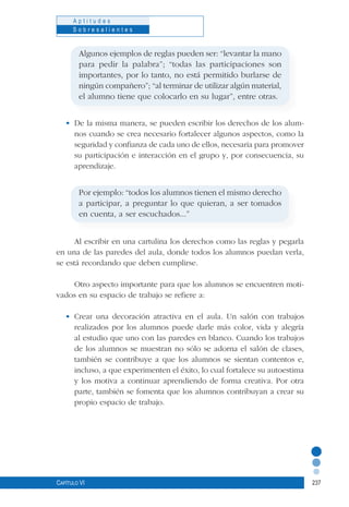 237
A p t i t u d e s
S o b r e s a l i e n t e s
Capítulo VI
Algunos ejemplos de reglas pueden ser: “levantar la mano
para pedir la palabra”; “todas las participaciones son
importantes, por lo tanto, no está permitido burlarse de
ningún compañero”; “al terminar de utilizar algún material,
el alumno tiene que colocarlo en su lugar”, entre otras.
•	 De la misma manera, se pueden escribir los derechos de los alum-
nos cuando se crea necesario fortalecer algunos aspectos, como la
seguridad y confianza de cada uno de ellos, necesaria para promover
su participación e interacción en el grupo y, por consecuencia, su
aprendizaje.
Por ejemplo: “todos los alumnos tienen el mismo derecho
a participar, a preguntar lo que quieran, a ser tomados
en cuenta, a ser escuchados...”
Al escribir en una cartulina los derechos como las reglas y pegarla
en una de las paredes del aula, donde todos los alumnos puedan verla,
se está recordando que deben cumplirse.
Otro aspecto importante para que los alumnos se encuentren moti-
vados en su espacio de trabajo se refiere a:
•	 Crear una decoración atractiva en el aula. Un salón con trabajos
realizados por los alumnos puede darle más color, vida y alegría
al estudio que uno con las paredes en blanco. Cuando los trabajos
de los alumnos se muestran no sólo se adorna el salón de clases,
también se contribuye a que los alumnos se sientan contentos e,
incluso, a que experimenten el éxito, lo cual fortalece su autoestima
y los motiva a continuar aprendiendo de forma creativa. Por otra
parte, también se fomenta que los alumnos contribuyan a crear su
propio espacio de trabajo.
 