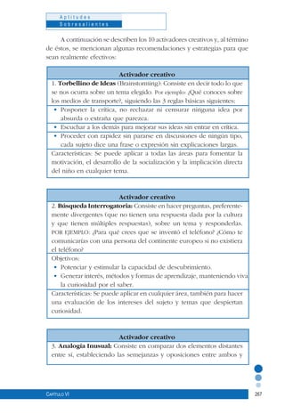 267
A p t i t u d e s
S o b r e s a l i e n t e s
Capítulo VI
A continuación se describen los 10 activadores creativos y, al término
de éstos, se mencionan algunas recomendaciones y estrategias para que
sean realmente efectivos:
Activador creativo
1. Torbellino de Ideas (Brainstorming): Consiste en decir todo lo que
se nos ocurra sobre un tema elegido. Por ejemplo: ¿Qué conoces sobre
los medios de transporte?, siguiendo las 3 reglas básicas siguientes:
•	 Posponer la crítica, no rechazar ni censurar ninguna idea por
absurda o extraña que parezca.
•	 Escuchar a los demás para mejorar sus ideas sin entrar en crítica.
•	 Proceder con rapidez sin pararse en discusiones de ningún tipo,
cada sujeto dice una frase o expresión sin explicaciones largas.
Características: Se puede aplicar a todas las áreas para fomentar la
motivación, el desarrollo de la socialización y la implicación directa
del niño en cualquier tema.
Activador creativo
2. Búsqueda Interrogatoria: Consiste en hacer preguntas, preferente-
mente divergentes (que no tienen una respuesta dada por la cultura
y que tienen múltiples respuestas), sobre un tema y responderlas.
POR EJEMPLO: ¿Para qué crees que se inventó el teléfono? ¿Cómo te
comunicarías con una persona del continente europeo si no existiera
el teléfono?
Objetivos:
•	 Potenciar y estimular la capacidad de descubrimiento.
•	 Generar interés, métodos y formas de aprendizaje, manteniendo viva
la curiosidad por el saber.
Características: Se puede aplicar en cualquier área, también para hacer
una evaluación de los intereses del sujeto y temas que despiertan
curiosidad.
Activador creativo
3. Analogía Inusual: Consiste en comparar dos elementos distantes
entre sí, estableciendo las semejanzas y oposiciones entre ambos y
 