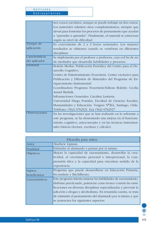 415
A p t i t u d e s
S o b r e s a l i e n t e s
Capítulo VII
tres cursos escolares, aunque se puede trabajar en dos cursos.
Los materiales admiten otros complementarios, siempre que
sirvan para fomentar los procesos de pensamiento que ayudan
a “aprender a aprender”. Finalmente, el material se estructura
según su nivel de dificultad.
Es conveniente de 2 a 3 horas semanales. Los mejores
resultados se obtienen cuando se vertebran en diferentes
disciplinas.
Se implementa por el profesor o profesora, cuyo rol ha de ser
de mediador que desarrolla habilidades y procesos.
Boletín Mediar: Publicación Periódica del Centro para el De-
sarrollo Cognitivo.
Centro de Entretenimiento Feuerstein. Centro exclusivo para
Publicación y Difusión de Materiales del Programa de En-
riquecimiento Instrumental.
Coordinadora Programa Feuerstein-Editora Boletín: Cecilia
Assael Budnik.
Informaciones Generales: Carolina Lastarria.
Universidad Diego Portales, Facultad de Ciencias Sociales,
Humanidades y Educación. Vergara N°261, Santiago, Chile.
Teléfono: (562) 6762521. Fax (562) 6762527.
En las investigaciones que se han realizado en lo referente a
este programa, se ha demostrado una mejora en el funciona-
miento cognitivo, autoconcepto y en las técnicas instrumen-
tales básicas (lectura, escritura y cálculo).
Filosofía para niños
Autor		 Marthew Lipman.
Estimular al alumnado a pensar por sí mismo.
Mejora la capacidad de razonamiento, desarrollar la crea-
tividad, el crecimiento personal e interpersonal, la com-
prensión ética y la capacidad para encontrar sentido de la
experiencia.
Programa que puede desarrollarse en Educación Primaria,
Secundaria y Bachillerato.
Este programa intenta mejorar las habilidades de razonamiento,
disfrutar practicando, potenciar como tronco común las rami-
ficaciones en diversas disciplinas especializadas y prevenir la
adicción a drogas y alcoholismo. En resumida cuenta, se trata
de estimular el pensamiento del alumnado por si mismo y que
se potencien los siguientes aspectos:
Tiempo de
aplicación
Características
del aplicador
Edotorial
Observaciones
Finalidad
Objetivos
Sujetos
beneficiarios
Caracteríasticas
 