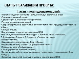 II этап – исследовательский
-Знакомство детей с историей ВОВ, используя различные виды
образовательных областей;
-Организация выставки детских рисунков;
-Рассматривание иллюстраций;
-Сбор информации с родителями детей по теме: «Как прадедушка воевал на
войне»;
-Конкурс чтецов;
-Выставка книг и картин посвященных ВОВ;
-Чтение художественной литературы: Г.Набитов «Зина Портнова»,
А.Кардашова «Солдат», С.Алексеев «Первая колонна»;
-Беседы о войне;
-Заучивание стихотворения «День победы»;
-Рисование на тему «Танки», «Праздничный салют».
-Подвижная игра «Поймай врага»;
-Конструирование военной техники;
-Коллективная работа: конструирование + рисование – посвященное Дню
победы;
-Экскурсия родителей с детьми в музеи и к памятникам ВОВ.
 