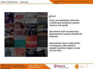 18
Beatriz Vega Álvarez - @bzvega
Master Class: 7 acciones para
innovar en los modelos de negocio
Garantiza el éxito empresarial con la comunicación
visual
www.cidecan.com
@cidecanarias
 