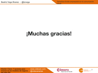 19
Beatriz Vega Álvarez - @bzvega
Master Class: 7 acciones para
innovar en los modelos de negocio
Garantiza el éxito empresarial con la comunicación
visual
www.cidecan.com
@cidecanarias
 