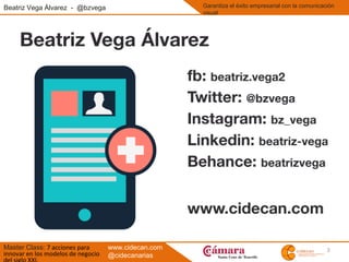 3
Beatriz Vega Álvarez - @bzvega
Master Class: 7 acciones para
innovar en los modelos de negocio
Garantiza el éxito empresarial con la comunicación
visual
www.cidecan.com
@cidecanarias
 