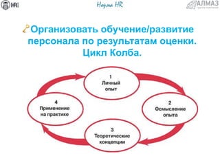 Организовать обучение/развитие
персонала по результатам оценки.
Цикл Колба.
 
