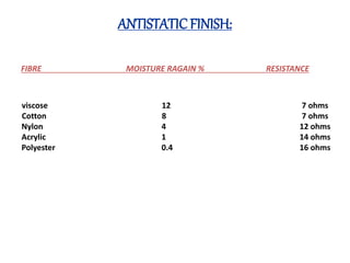 ANTISTATICFINISH:
FIBRE MOISTURE RAGAIN % RESISTANCE
viscose 12 7 ohms
Cotton 8 7 ohms
Nylon 4 12 ohms
Acrylic 1 14 ohms
Polyester 0.4 16 ohms
 