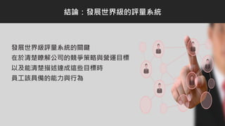 發展世界級評量系統的關鍵
在於清楚瞭解公司的競爭策略與營運目標
以及能清楚描述達成這些目標時
員工該具備的能力與行為
結論：發展世界級的評量系統
 