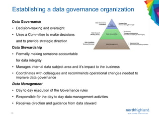 10
Data Governance
• Decision-making and oversight
• Uses a Committee to make decisions
and to provide strategic direction
Data Stewardship
• Formally making someone accountable
for data integrity
• Manages internal data subject area and it’s impact to the business
• Coordinates with colleagues and recommends operational changes needed to
improve data governance
Data Management
• Day to day execution of the Governance rules
• Responsible for the day to day data management activities
• Receives direction and guidance from data steward
Establishing a data governance organization
 