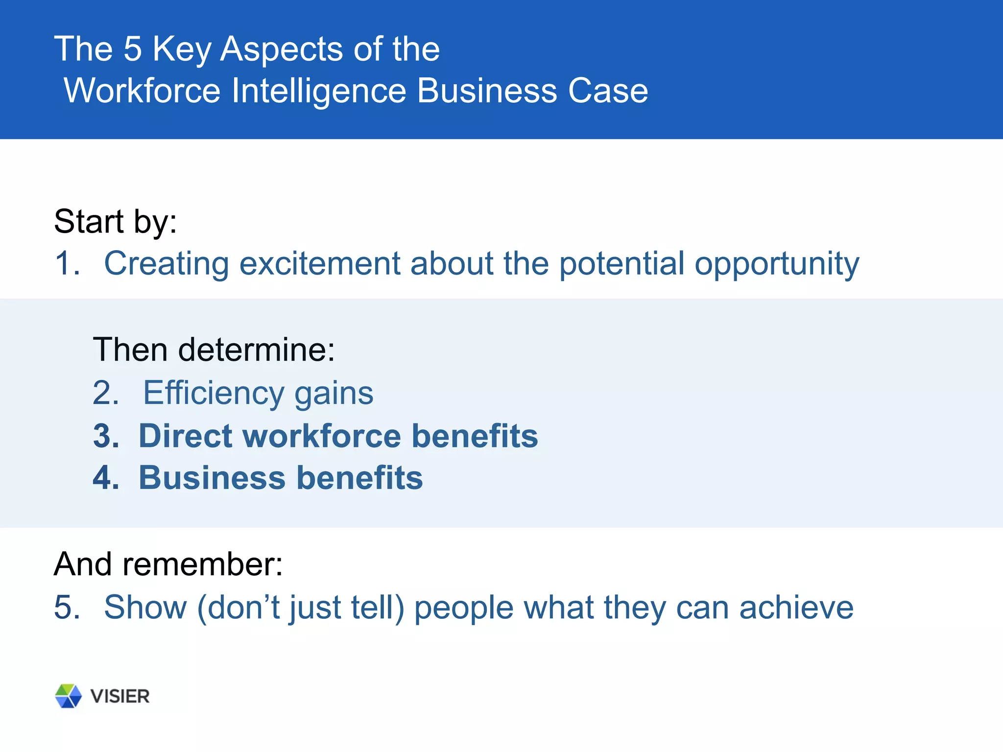 The 5 Key Aspects of the
Workforce Intelligence Business Case
Start by:
1.  Creating excitement about the potential opportunity
Then determine:
2.  Efficiency gains
3.  Direct workforce benefits
4.  Business benefits
And remember:
5.  Show (don’t just tell) people what they can achieve
 