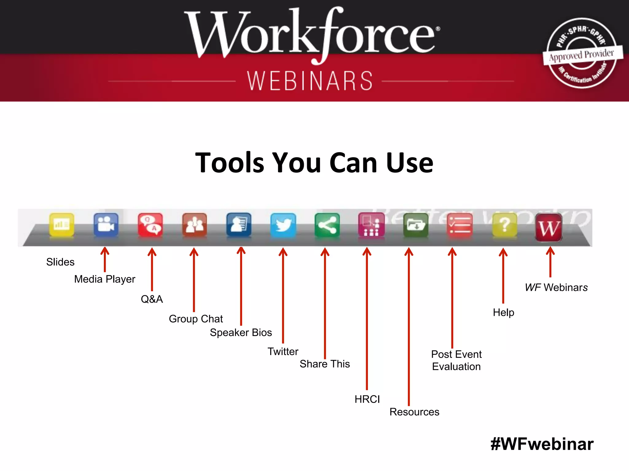 #WFwebinar
Tools	
  You	
  Can	
  Use	
  
Speaker Bios
Resources
Media Player
Q&A
Slides
Twitter
Help
Post Event
EvaluationShare This
Group Chat
HRCI
WF Webinars
 