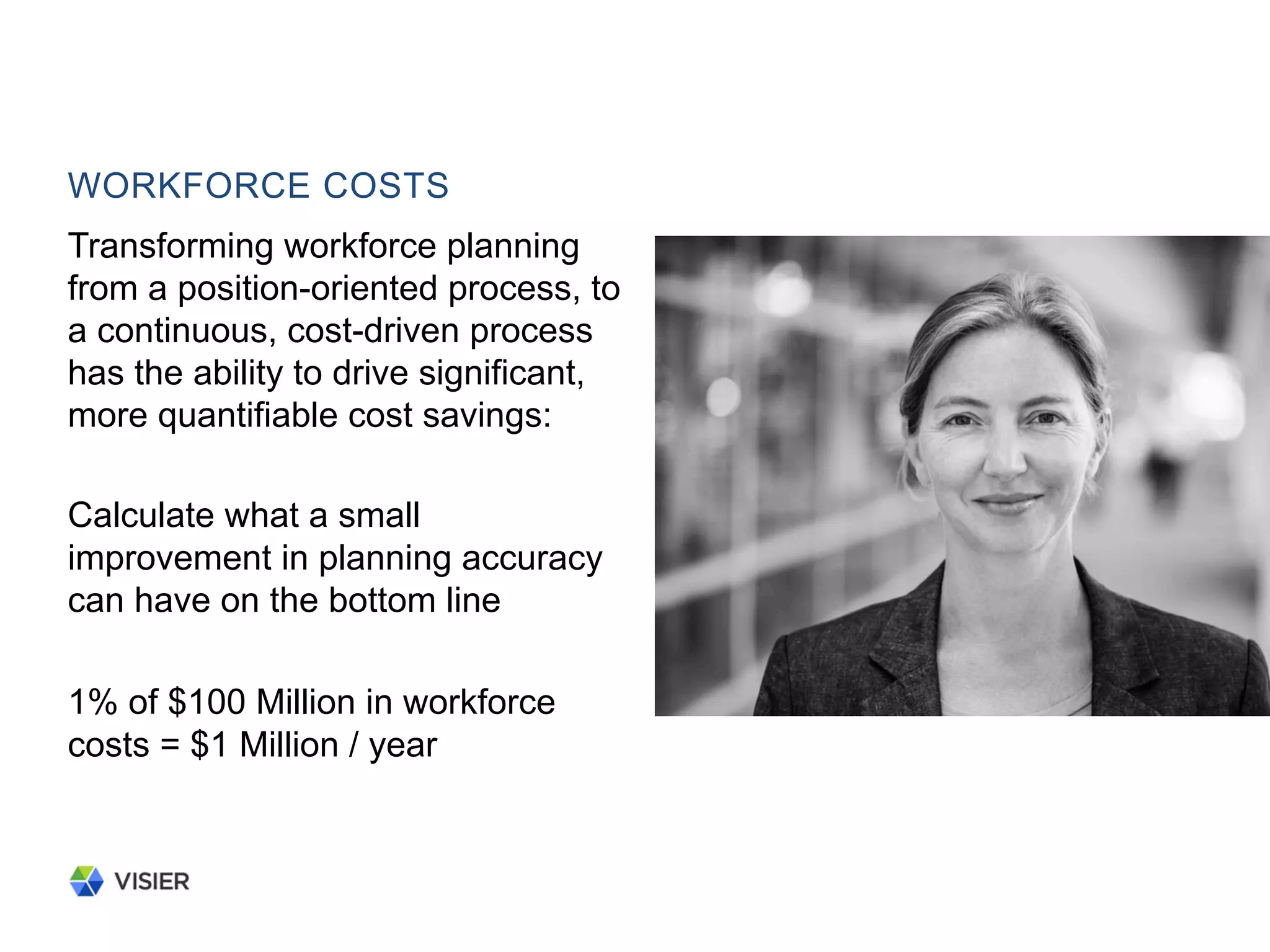 WORKFORCE COSTS
Transforming workforce planning
from a position-oriented process, to
a continuous, cost-driven process
has the ability to drive significant,
more quantifiable cost savings:
Calculate what a small
improvement in planning accuracy
can have on the bottom line
1% of $100 Million in workforce
costs = $1 Million / year
 