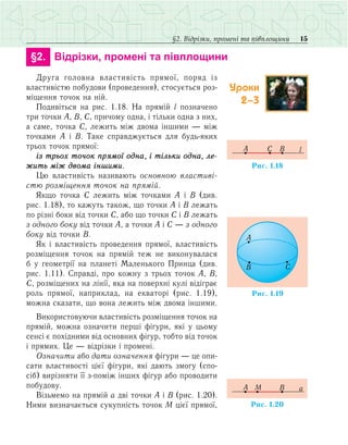 15§2. Відрізки, промені та півплощини
	 §2.	 Відрізки, промені та півплощини
Друга головна властивість прямої, поряд із
властивістю побудови (проведення), стосується роз­
мі­щення точок на ній.
Подивіться на рис. 1.18. На прямій l позначено
три точки А, В, С, причому одна, і тільки одна з них,
а саме, точка С, лежить між двома іншими — між
точками А і В. Таке справджується для будь-яких
трьох точок прямої:
із трьох точок прямої одна, і тільки одна, ле­
жить між двома іншими.
Цю властивість називають основною властиві-
стю розміщення точок на прямій.
Якщо точка С лежить між точками А і В (див.
рис. 1.18), то кажуть також, що точки А і В лежать
по різні боки від точки С, або що точки С і В лежать
з одного боку від точки А, а точки А і С — з одного
боку від точки В.
Як і властивість проведення прямої, властивість
розміщення точок на прямій теж не виконувалася
б у геометрії на планеті Маленького Принца (див.
рис. 1.11). Справді, про кожну з трьох точок А, В,
С, розміщених на лінії, яка на поверхні кулі відіграє
роль прямої, наприклад, на екваторі (рис. 1.19),
можна сказати, що вона лежить між двома іншими.
Використовуючи властивість розміщення точок на
прямій, можна означити перші фігури, які у цьому
сенсі є похідними від основних фігур, тобто від точок
і прямих. Це — відрізки і промені.
Означити або дати означення фігури — це опи-
сати властивості цієї фігури, які дають змогу (спо-
сіб) вирізняти її з-поміж інших фігур або проводити
побудову.
Візьмемо на прямій а дві точки А і В (рис. 1.20).
Ними визначається сукупність точок М цієї прямої,
Ðèñ. 1.18
A BÑ l
A
B C
Ðèñ. 1.19
Ðèñ. 1.20
A BM a
Уроки
2–3
 
