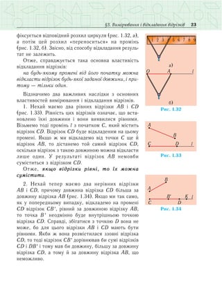 23§3. Вимірювання і відкладання відрізків
фіксується відповідний розхил циркуля (рис. 1.32, а),
а потім цей розхил «переноситься» на промінь
(рис. 1.32, б). Звісно, від способу відкладання резуль­
тат не залежить.
Отже, справджується така основна властивість
відкладання відрізків:
на будь-якому промені від його початку можна
відкласти відрізок будь-якої заданої довжини, і при­­
тому — тільки один.
Відзначимо два важливих наслідки з основних
властивостей вимірювання і відкладання відрізків.
1. Нехай маємо два рівних відрізки АВ і СD
(рис. 1.33). Рівність цих відрізків означає, що вста-
новлено їхні довжини і вони виявилися рівними.
Візьмемо тоді промінь l з початком С, який містить
відрізок СD. Відрізок СD буде відкладеним на цьому
промені. Якщо ж ми відкладемо від точки С ще й
відрізок АВ, то дістанемо той самий відрізок СD,
оскільки відрізок з такою довжиною можна відкласти
лише один. У результаті відрізок АВ немовби
суміститься з відрізком СD.
Отже, якщо відрізки рівні, то їх можна
су­міс­ти­ти.
2. Нехай тепер маємо два нерівних відрізки
АВ і СD, причому довжина відрізка СD більша за
довжину відрізка АВ (рис. 1.34). Якщо ми так само,
як у попередньому випадку, відкладемо на промені
СD відрізок СВ ′, рівний за довжиною відрізку АВ,
то точка В ′ неодмінно буде внутрішньою точкою
відрізка СD. Справді, збігатися з точкою D вона не
може, бо для цього відрізки АВ і СD мають бути
рівними. Якби ж вона розмістилася ззовні відрізка
СD, то тоді відрізок СВ ′ дорівнював би сумі відрізків
СD і DВ ′ і тому мав би довжину, більшу за довжину
відрізка СD, а тому й за довжину відрізка АВ, що
неможливо.
Ðèñ. 1.32
1 2 3 4 5 6 7 8 9
O A l
à)
á)
Ðèñ. 1.33
Ñ D
A
B
l
Ðèñ. 1.34
Ñ D
B¢ lK
B
A
 