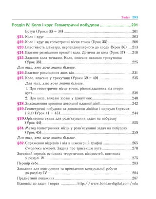 293Зміст
Розділ ІV. Коло і круг. Геометричні побудови.............................201
	 Вступ (Уроки 33 – 34)................................................................... 201
§21.	Коло і круг ..................................................................................... 203
§22.	Коло і круг як геометричні місця точок (Урок 35)........................208
§23.	Вëàñòèâ³ñòü ä³àìåòðà, ïåðïåíäèêóëÿðíîãî äî õîðäè (Урок 36).....213
§24.	Взаємне розміщення прямої і кола. Дотична до кола (Урок 37).......218
§25.	Задання кола точками. Коло, описане навколо трикутника
(Урок 38)......................................................................................... 225
Для тих, хто хоче знати більше.
§26.	Взаємне розміщення двох кіл......................................................... 231
§27.	Коло, вписане у трикутник (Уроки 39 – 40).................................235
	 Для тих, хто хоче знати більше.
	 1. Про геометричне місце точок, рівновіддалених від сторін
кута................................................................................................. 238
	 2. Про кола, вписані ззовні у трикутник........................................240
§28.	Знаходження кривини довільної плавної лінії................................242
§29.	Геометричні побудови за допомогою лінійки і циркуля (прямих
і кіл) (Урок 41 – 43)....................................................................... 244
§30.	Орієнтовна схема для розв’язування задач на побудову
(Урок 44)......................................................................................... 255
§31.	Метод геометричних місць у розв’язуванні задач на побудову
(Урок 45)......................................................................................... 259
Для тих, хто хоче знати більше.
§32.	Спряження відрізків і кіл в інженерній графіці.............................265
	 Сторінки історії. Задача про трисекцію кута..............................270
Зведений перелік основних теоретичних відомостей, вивчених
у розділі ІV...................................................................................... 275
Перевір себе............................................................................................ 283
Завдання для повторення та проведення контрольної роботи
до розділу ІV................................................................................... 284
Предметний покажчик............................................................................ 287
Відповіді до задач і вправ .................http://www.bohdan-digital.com/edu
 